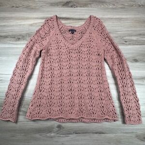American Eagle Dusty Rose Open Knit Crochet Sweater Size M Wool Blend coquette